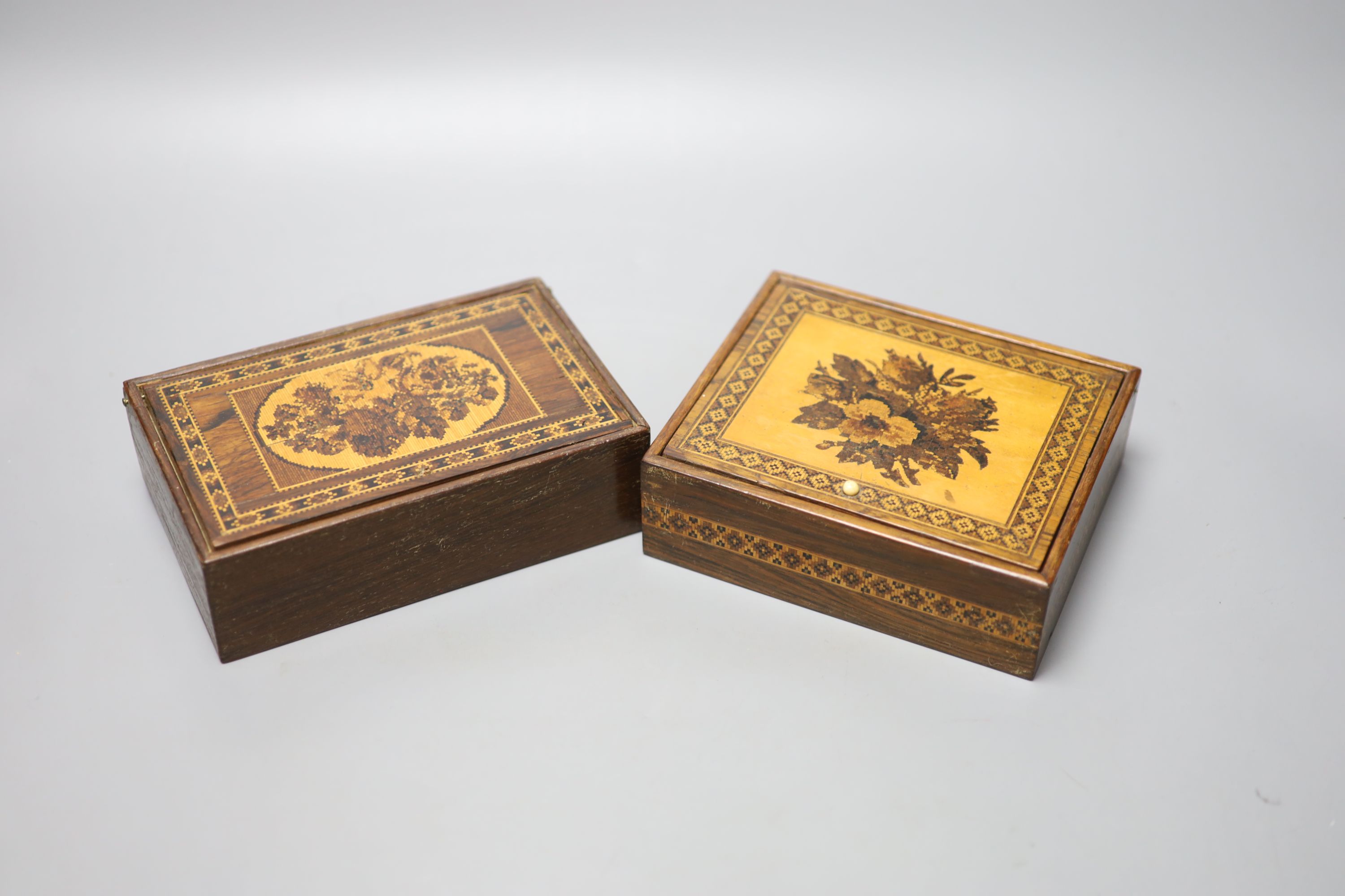 Two Tunbridge ware floral tesserae mosaic pin hinged boxes, late 19th century, 15.3 and 17cm